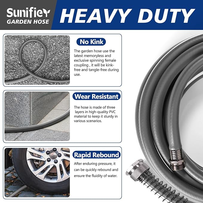 5/8’’ Heavy Duty Garden Hose 100 ft – Outdoor Hybird Water Hose with Solid Fitting - Flexible, Kinkless, Lightweight Garden Hose for Lawn Watering, Car Washing - Burst 500 Psi (Grey,150 ft)