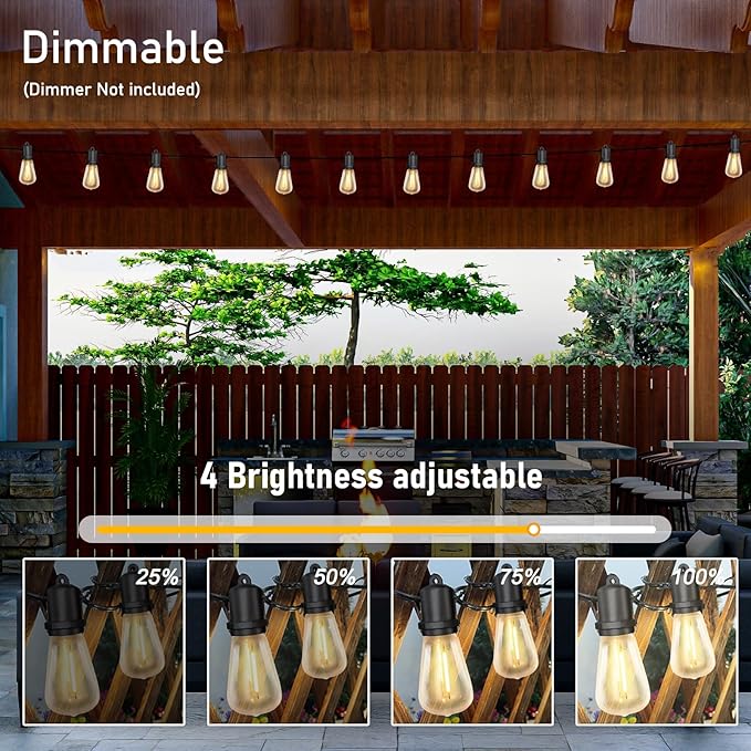 GOOTHY Outdoor String Lights 100Ft ST38 LED Patio Lights Outdoor Waterproof with 52 Vintage Edison Bulbs, Connectable Dimmable Backyard Light for Outside Backyard Porch Balcony Party Bar Decorations