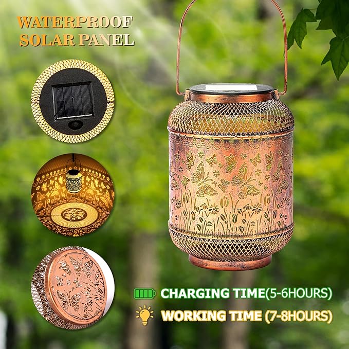 Butterfly Solar Lanterns Outdoor Garden Decor Gifts for Women Mom Grandma Metal Decor Hanging Solar Lights Outdoor Waterproof LED Lanterns for Yard, Patio, Lawn, Tabletop, Landscape