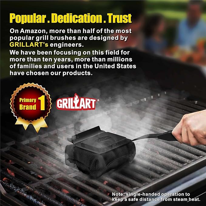 GRILLART Grill Brush Bristle Free. SteamWizards BBQ Replaceable Cleaning Head, Seamless-Fit Scraper Tools for Cast Iron/Stainless-Steel Grates Griddle, Safe Barbecue Grill Cleaner Brush-Dark Black