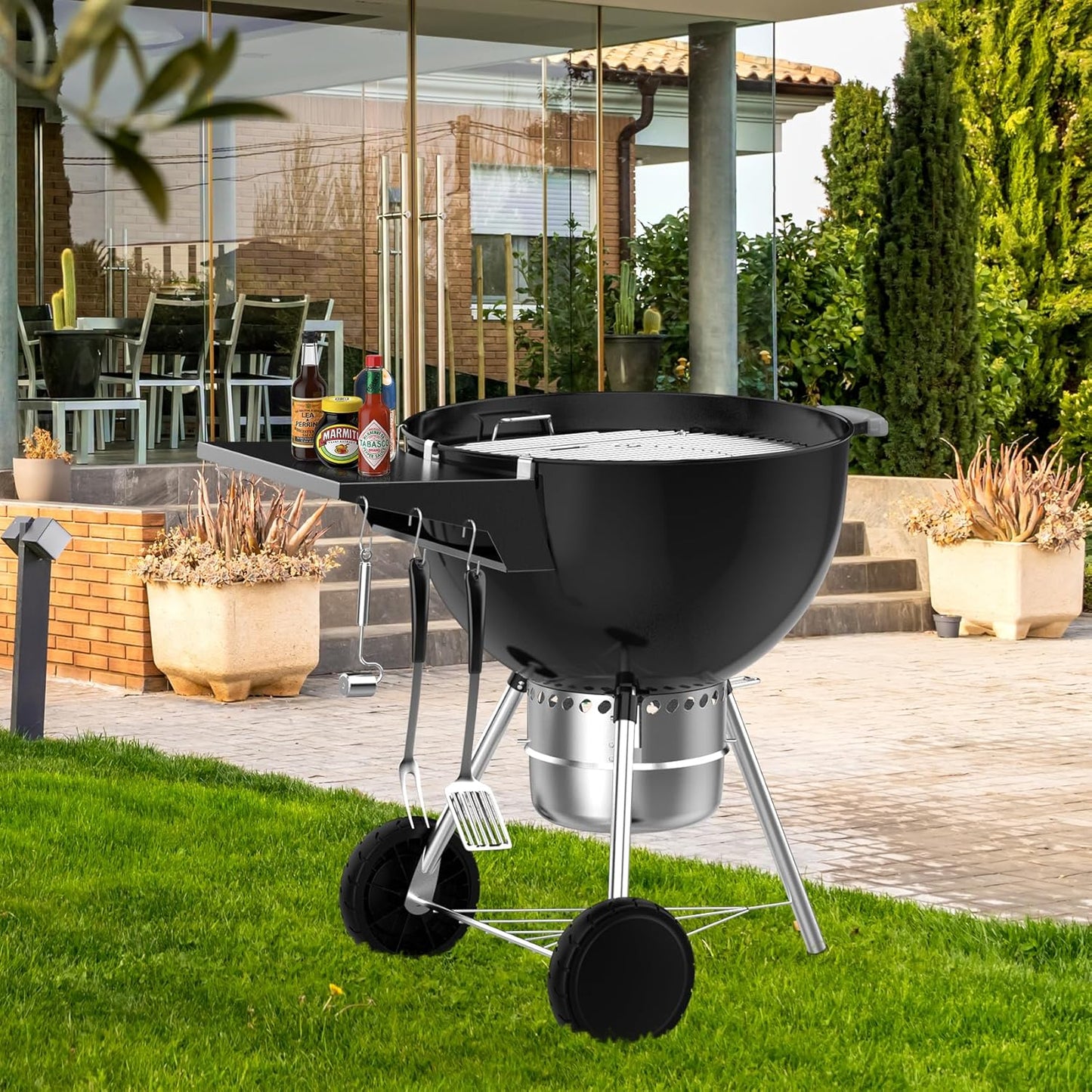 Charkettle Grill Table Shelf Compatible with Weber 22 Inches Kettle Grills, Outdoor Charcoal Grill Side Table BBQ Accessories with Hooks