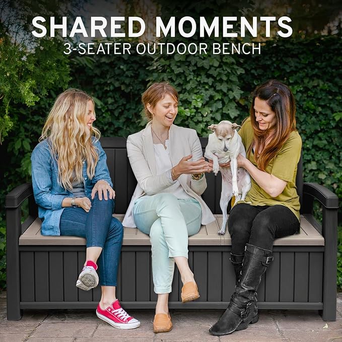 EconoHome 3 Seat Outdoor Storage Bench with Rain Cover - 90 Gallon Capacity - Weatherproof Resin Bench for Patio, Porch, Garden, Yard, Pool Area - Furniture for Pool Accessories, Gardening Tools