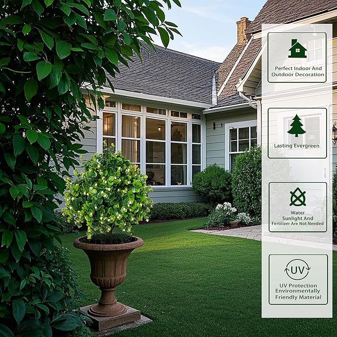 Artificial Boxwood Topiary Ball Trees 21.6" Tall UV Resistant Artificial Bushes, Set of 2 Faux Plants with Spike Easy to Push in The Ground for Indoor Outdoor Garden