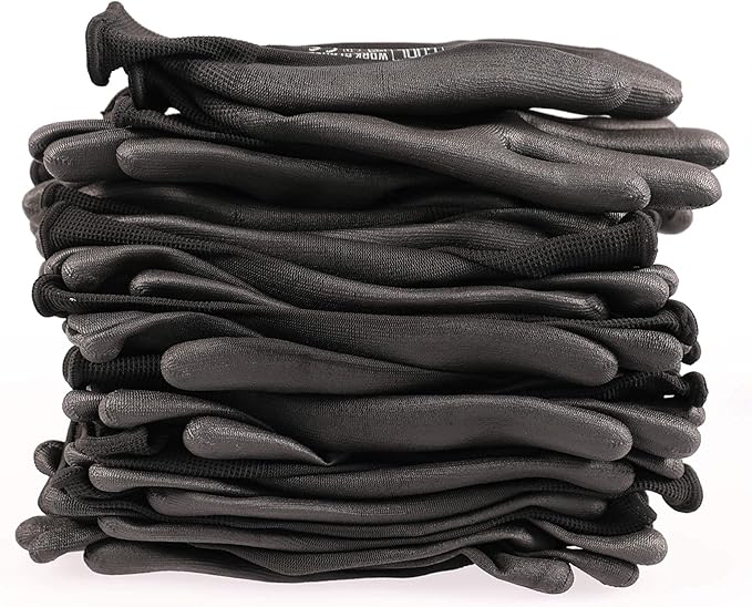 DULFINE Ultra-Thin PU Coated Work Gloves-12 Pairs,Excellent Grip,Nylon Shell Black Polyurethane Coated Safety Work Gloves, Knit Wrist Cuff,Ideal for Light Duty Work. (Extra Large)