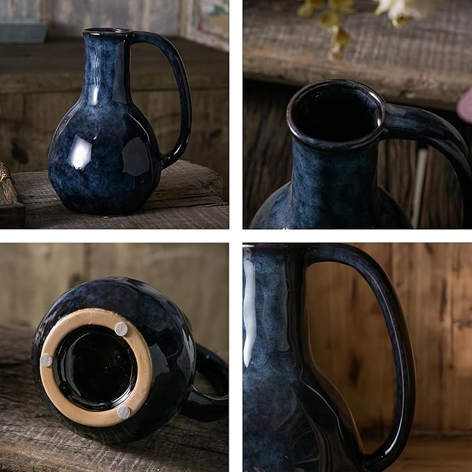 Blue Ceramic Vase with Big Handles, Modern Farmhouse Decor, Rustic Pottery for Flowers, Decorative Terracotta Centerpiece for Dining Table