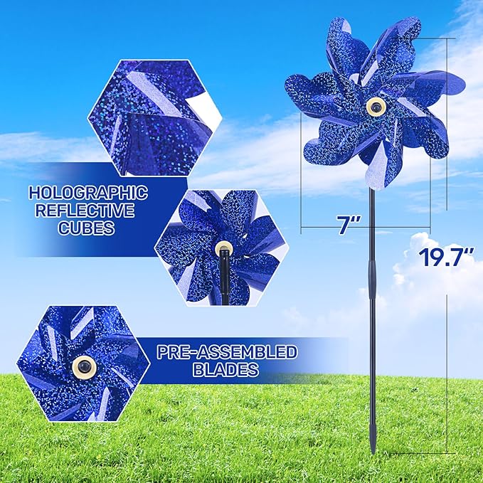 BATTIFE 10 Packs Blue Pinwheels for Yard and Garden, Sparkly Reflective Pinwheel for Scare Birds Away, Wind Spinner Deterrent Outdoor