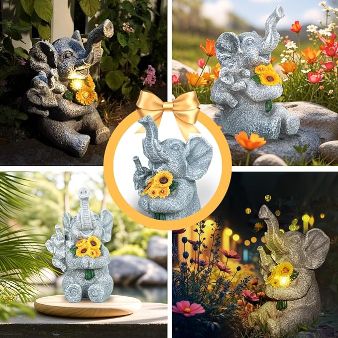 Elephant Gifts for Women, Solor Statue for Garden, Elephant and Sunflower Figurine with Lights, Outdoor Decorations for Yard Lawn Patio, Gifts for Mom Grandma Mother in Law Gardener Mother'Day