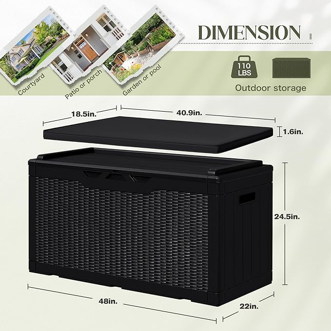 Greesum 100 Gallon Resin Deck Box Large Outdoor Storage with Cushions for Patio Furniture, Garden Tools, Pool Supplies, Weatherproof and UV Resistant, Lockable, Black