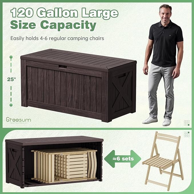 Greesum 120 Gallon Outdoor Storage Box with Lock - Large Resin Deck Box, Reinforced Lid for Garden, Patio, Lawn, Brown