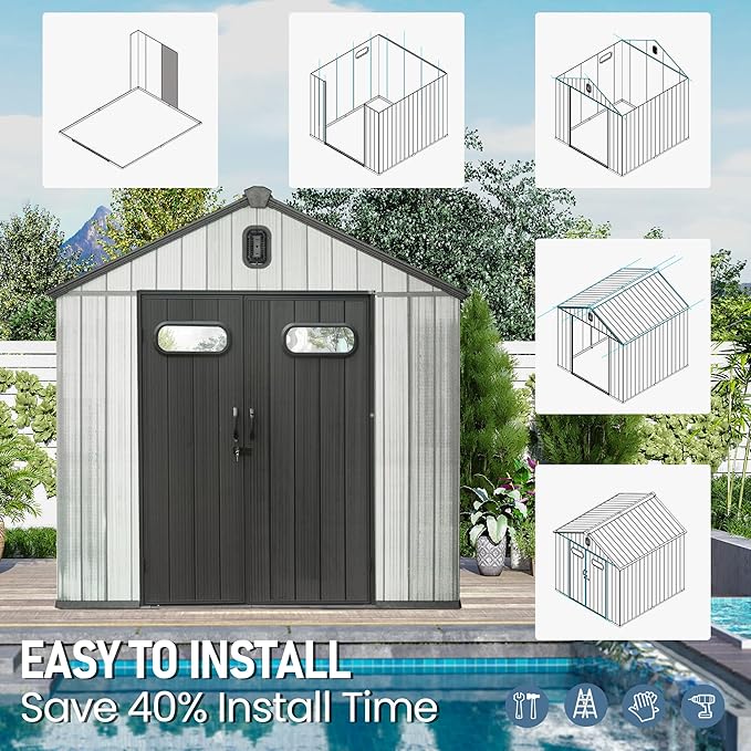 Domi 8x8 FT Outdoor Resin Storage Shed, All-Weather Double-Wall Storage Building for Backyard, Garden, Lawn Tools, Mower, Bike & Pool Equipment, Lockable Doors, Ventilated Roof, Grey