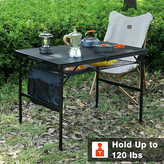 Folding Grill Table, 3x2 FT Portable Camping Table, Height Adjustable Metal Tables with Mesh Desktop and Mesh Bag, Outdoor Furniture for Camping, Picnic, Beach and BBQ, Black