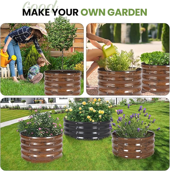 G GOOD GAIN Round Raised Garden Bed - 2Pcs 2x2x1.3ft Galvanized Steel Planter Boxes Outdoor with Rubber Edge Trim | Metal Raised Beds for Gardening Vegetables Flowers Fruits Herbs (Wood Grain)