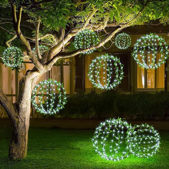 Flacchi Hanging Iron Sphere Lights with Artificial Greenery – 12Inch 120 LED Waterproof Outdoor/Indoor Decor Ball Light with Timer & 8 Modes – 2 Pack for Garden, Christmas, Weddings (Cool White)