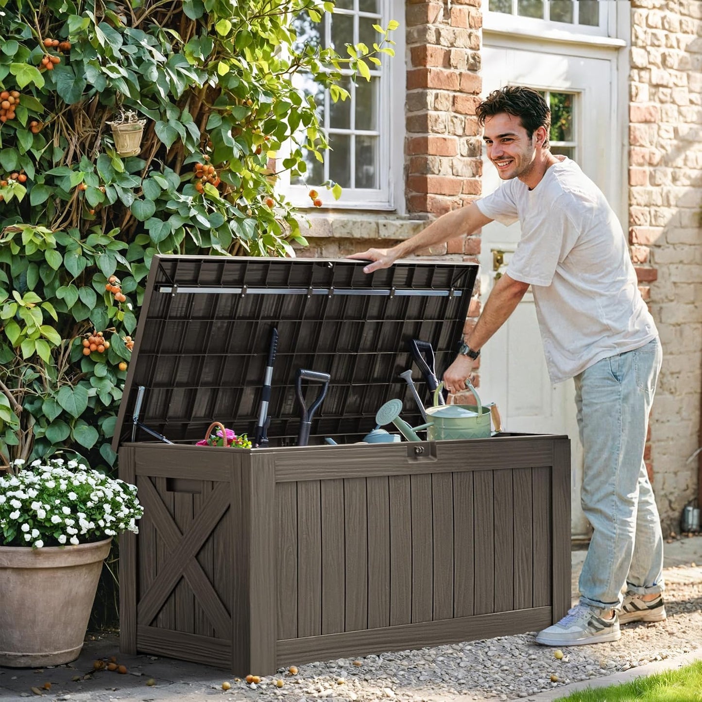 Greesum 120 Gallon Deck Box, Resin Outdoor Storage Container for Patio Furniture, Garden Tools, Pool Accessories, Weatherproof, Lockable, Coffee