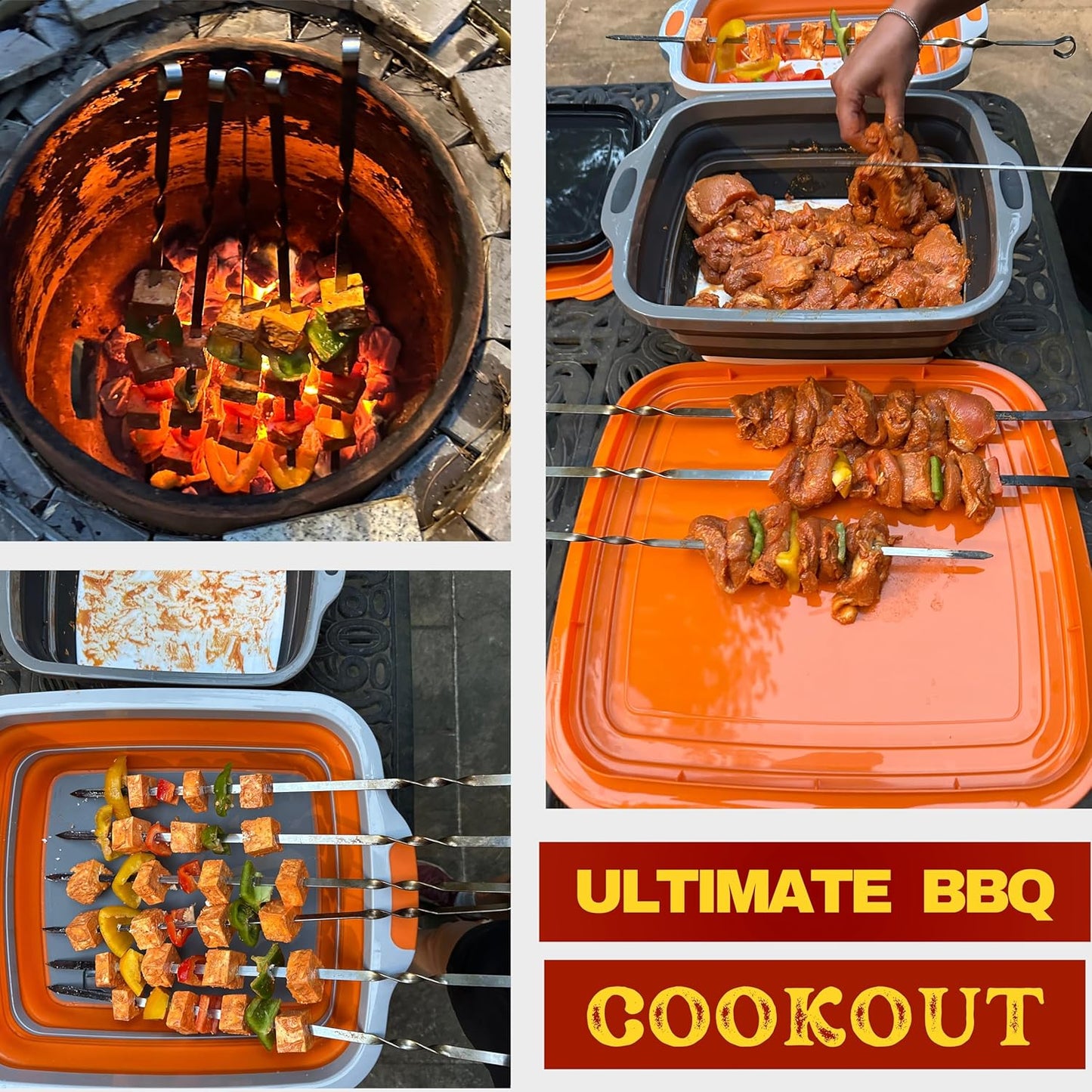 Collapsible Large (8L) BBQ Marinating Tub w/Cutting Board | Multipurpose Food-Grade TPE Prep Tub w/Lid | Built-in Colander & Drain Plug - for Camping | Tailgate | Picnic - Slate Black