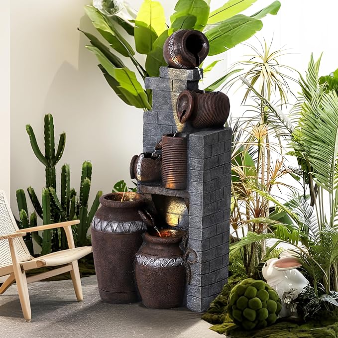 6-Tiers Garden Waterfall Fountain Outdoor - 40''H Water Fountains and Waterfalls, Large Outdoor/Indoor Floor Standing Resin Water Fountain with LED Light for Patio, Garden and Home (Grey)