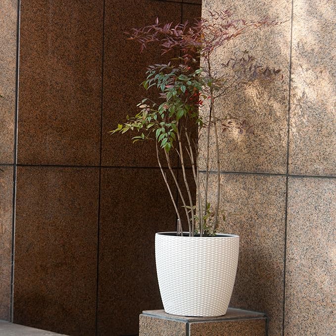 Dexceder 18x17 Inches Rattan Self Watering Planter Indoor Outdoor, Inner Pot Design, Thickened Table Flower Plant Pot with Water Level Indicator (Ivory White)