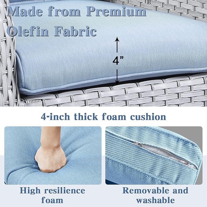 5 Piece Outdoor Patio Furniture Set - Wicker Furniture Patio Conversation Set, Outdoor Swivel Rocker Chairs with 3-Seater Sofa and 2 Ottomans for Small Space, Baby Blue Cushion