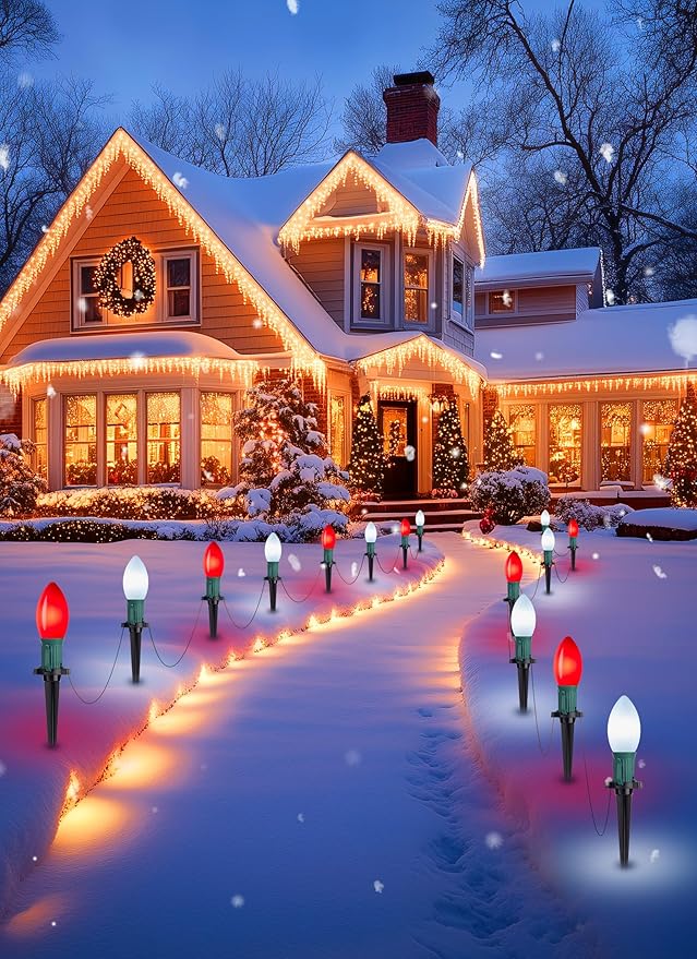 Brightown Frosted C9 LED Christmas Lights Outdoor, 2 Packs Total 64Ft Christmas Pathway Lights with 50 LED Bulbs and Stakes, Christmas Decorations Outside Driveway Walkway Sidewalk, Red and White