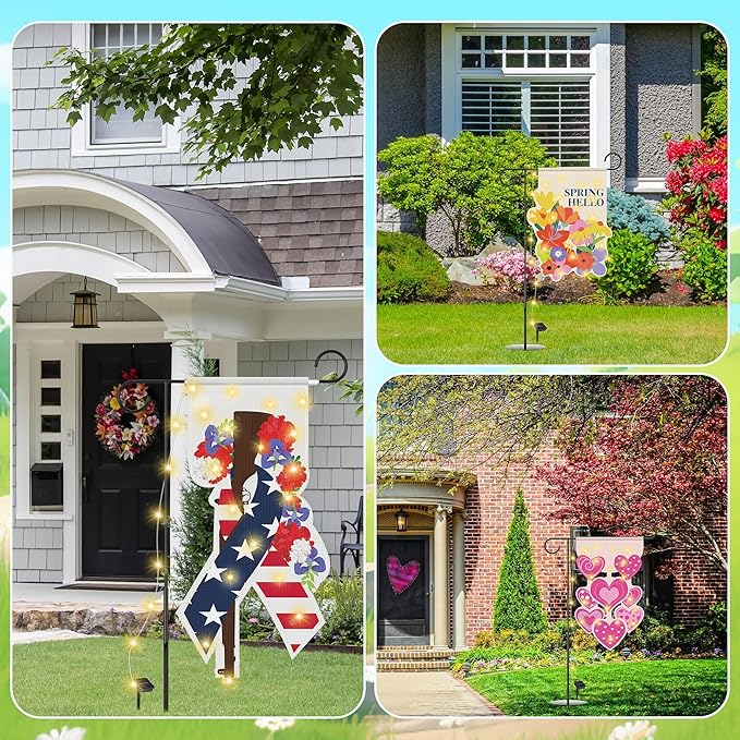 6 Set Seasonal Garden Flags 8 Modes Solar LED Double Sided 12 x 18 Inch Small Yard Flag Outdoor Lighted Spring Summer Easter Memorial St. Patrick's Day Valentine Garden Decor for All Seasons