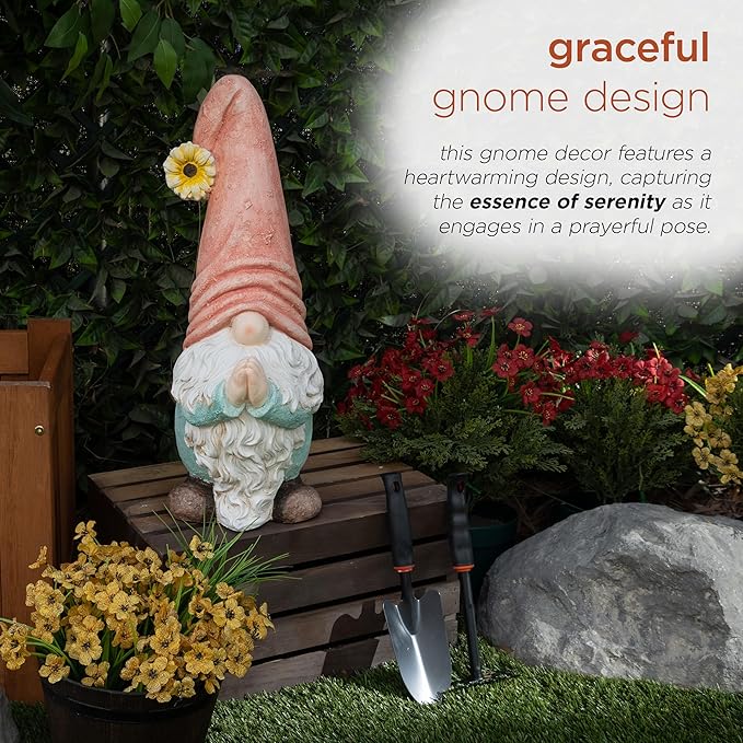 Alpine Corporation MCC846 Indoor/Outdoor Praying Gnome with Sunflower Garden Statue, Peaceful Gnome Statue w/Hat, 23" H, Pink