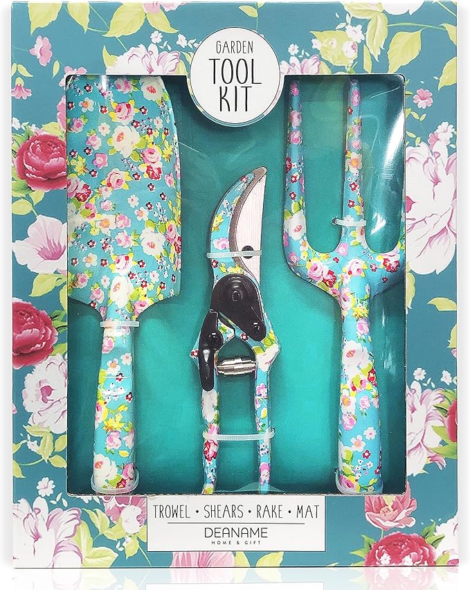 Garden Tool Set Gardening Hand Tools Kit, Floral Sturdy Garden Gifts, 4 PCS Heavy Duty Shovel Kit Including Trowel, Sharp Pruner, Hand Rake, and Mat (Blue Set)