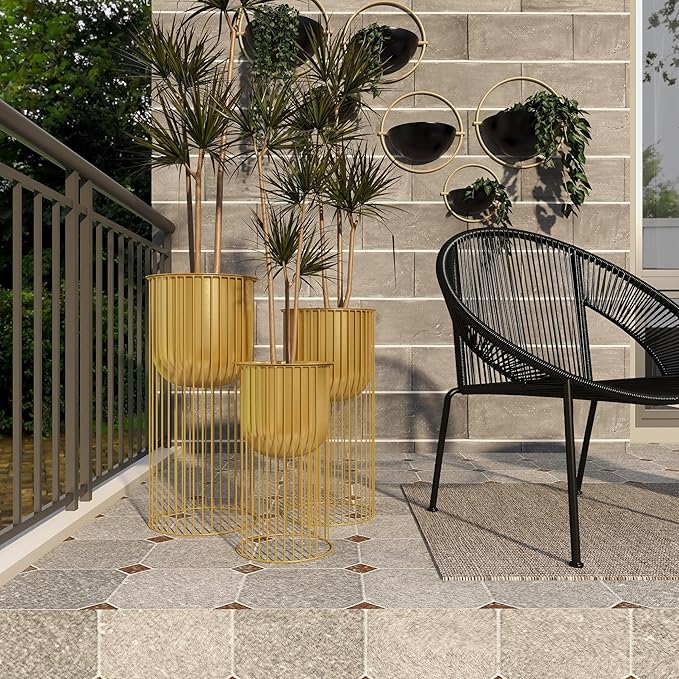 Deco 79 Metal Indoor Outdoor Planter Deep Recessed Dome Large Planter Pot with Elevated Caged Stand, Set of 3 Planters 24", 20", 16"H, Gold