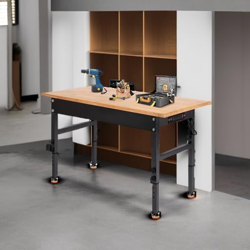48" Adjustable Work Bench, Rubber Wood Top Workbench Heavy-Duty Work Table with Power Outlet, 2000 LBS Load Capacity Hardwood Work Benches for Garage, Workshop, Home, Office, Easy Assembly