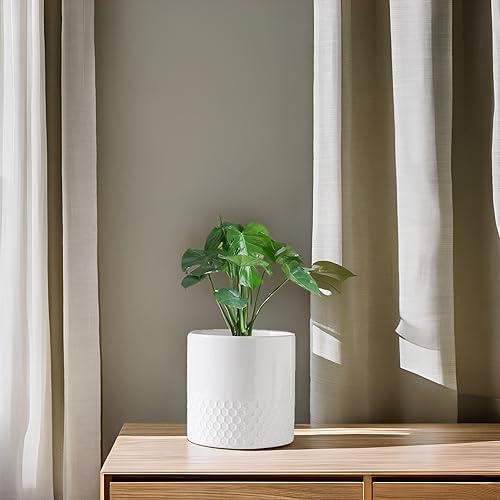 Docrin Ceramic Planters Indoor, 8 Inch Plant Pots with Drainage Holes for Home/Office - White Honeycomb