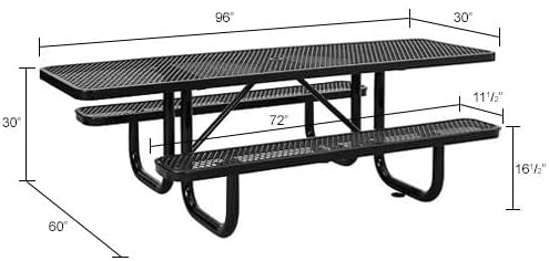 Global Industrial 8'L Rectangular Picnic Table, ADA Compliant, Expanded Metal, Black Thermoplastic Coating, Attached Benches, 1-1/2” Umbrella Pole Hole, Outdoor-Rated