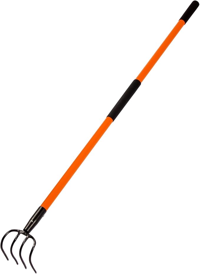 Cultivator for Gardening, 4 Tines Garden Cultivator with Fiberglass Handle, 58 Inches