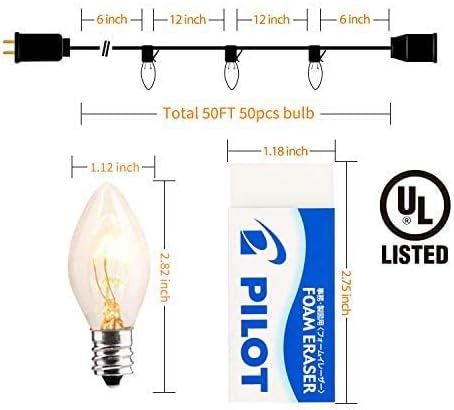 C9 Clear Christmas String Light Set, 50 Feet Vintage Christmas Tree Lights, Outdoor Roofline String Lights with 50 Clear Bulbs for Patio Garden Holiday Indoor Wedding Home Decorating, Black Wire