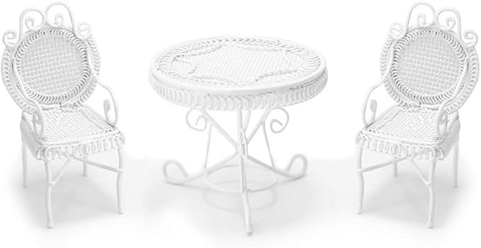 Dollhouse Miniature Bistro Table & Chairs Set Accessories Metal 1:12 Scale Miniatures White Coffee/Tea Furniture Fairy Garden Cute Rustic Elegant Decorations Ornaments (A)