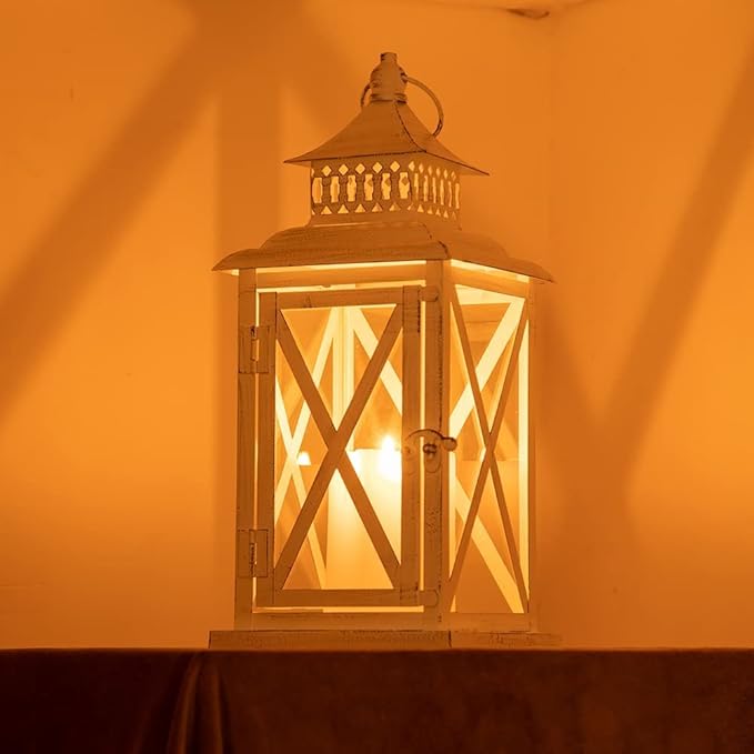 DECORKEY Lantern Decorative Indoor & Outdoor, Large Square Hanging Spring Home Decor, Vintage Metal Decorative Candle Lanterns for Outdoor Patio Wedding Party White with Black Brush