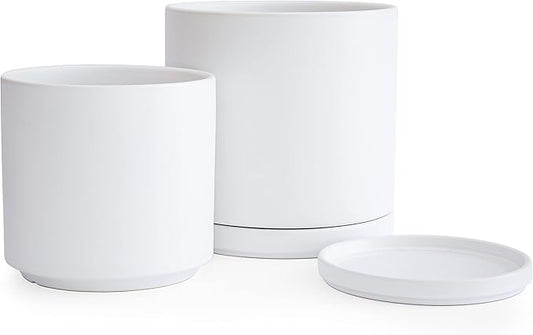 D'vine Dev 8 Inch & 10 Inch Ceramic Planter Pot for Plants with Drainage Hole and Saucer, Large Plant Pots Set, White, 94-G-L-1