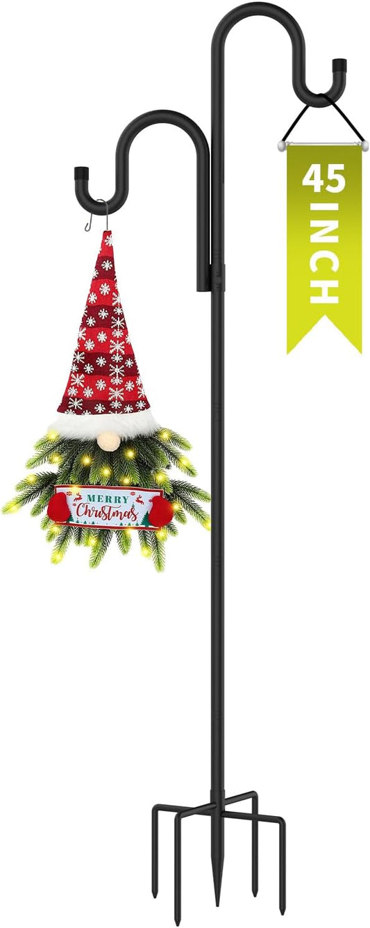 Double Shepherds Hooks for Outdoor, Bird Feeder Pole with 5 Prongs Base, Heavy Duty Garden Hook for Lantern, Wind Chime and Hummingbird Feeder, 45 Inch, 1 Pack