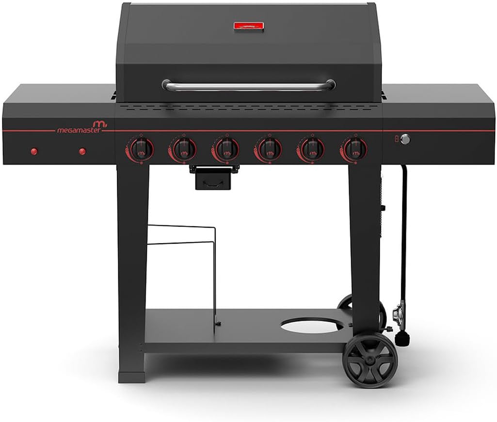 6-Burner Propane Barbecue Gas grill, Side Shelves With Hooks, for Camping, Outdoor Cooking, Patio, Garden Barbecue Grill, Open Cart With Side Tables, Black