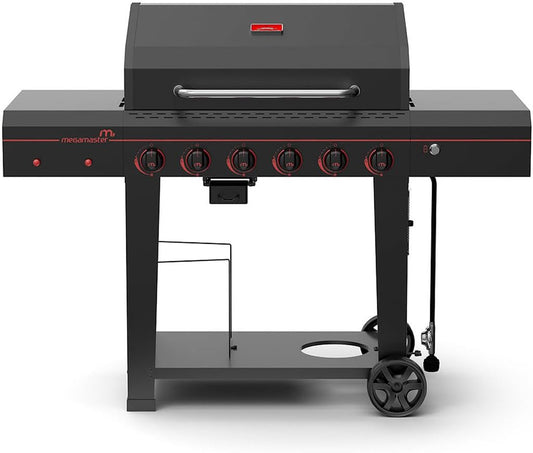 6-Burner Propane Barbecue Gas grill, Side Shelves With Hooks, for Camping, Outdoor Cooking, Patio, Garden Barbecue Grill, Open Cart With Side Tables, Black