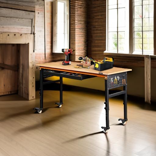 60" Adjustable Workbench for Garage, Rubber Wood Shop Table W/Wheels & Double Pegboards & Drawer, 2000 LBS Load Capacity Hardwood Worktable for Workshop, Garage, Office, Home, Commercial