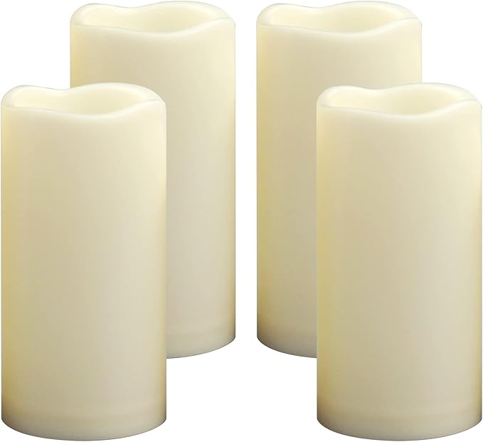 4 Pack Outdoor Battery Operated Candles with Timer Waterproof Led Flickering Candles Flameless Pillar Lights for Party/Lantern/Patio/Wedding/Garden,Cream White,3x6 Inch