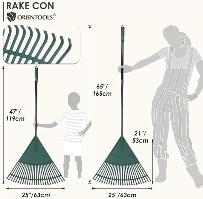 ORIENTOOLS Garden Leaf Rake, Garden Rakes for Lawns Leaves with 47-65" Adjustable Black Handle Rake, 26 Strong Tines Plastic Head Shrub Rake, Yard Garden Rake for Lawns, Flower Beds Leaves Cleaning