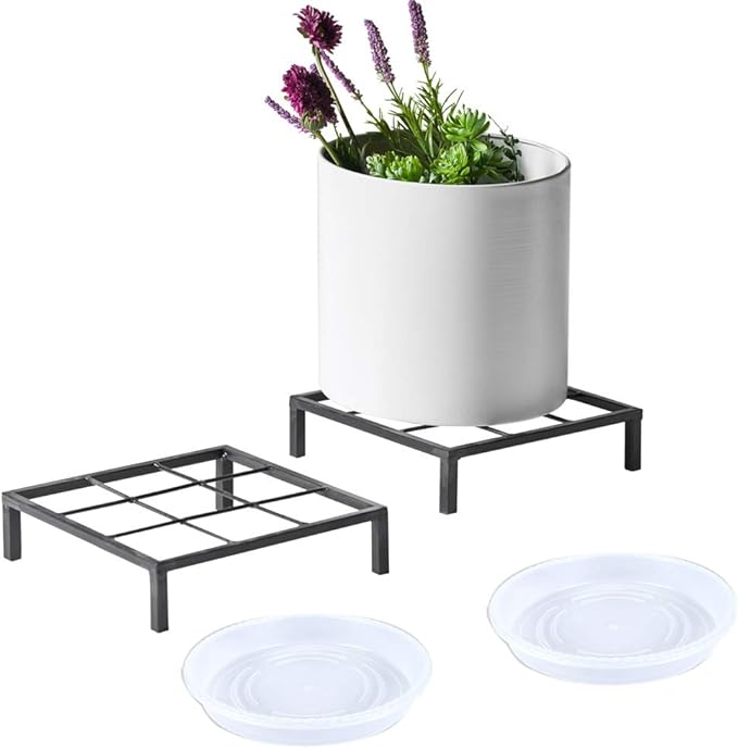 8" Metal Heavy Duty Potted Plant Stand Flower Pot Holder with Saucer Indoor Outdoor Rustproof Iron Garden Container Square Supports Rack for Planter ,2 Pack(iron color )