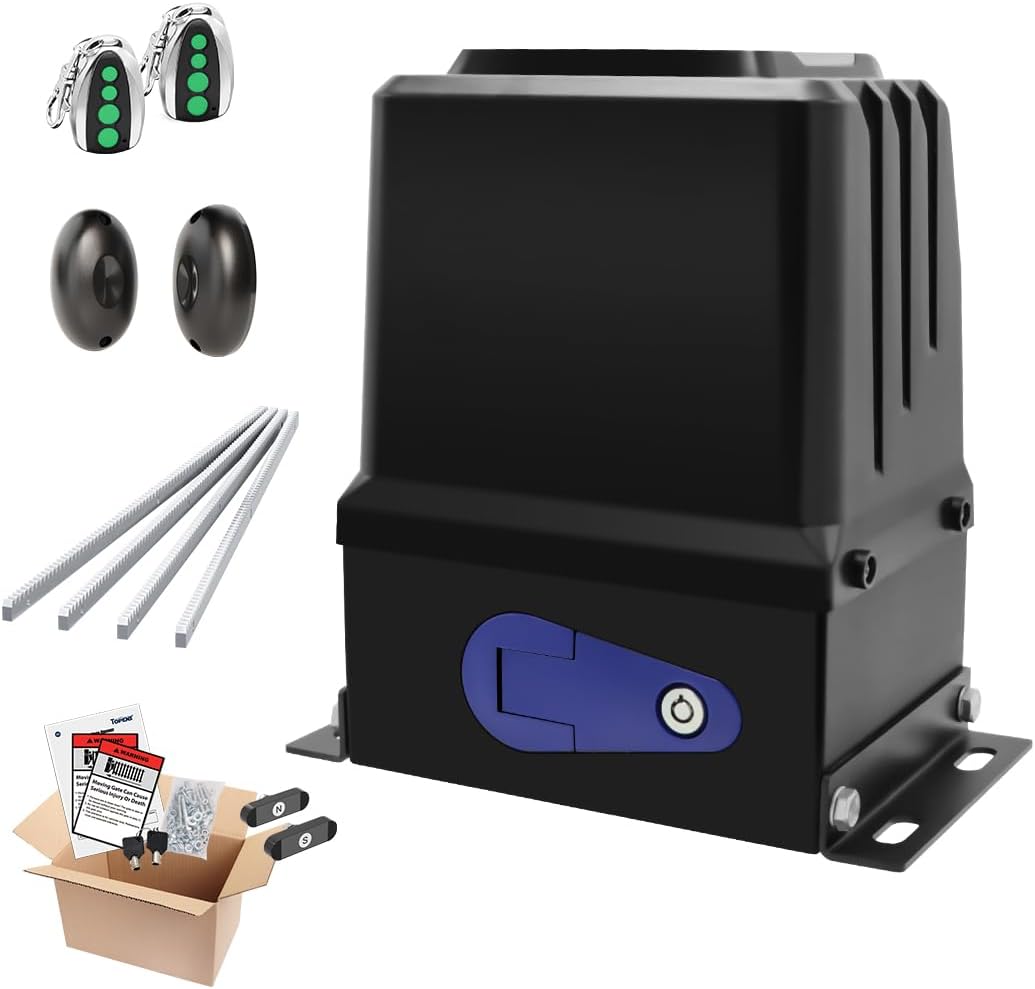 TOPENS RK2500T Automatic Sliding Gate Opener Rack Drive Electric Gate Motor for Heavy Driveway Slide Gates Up to 5700 Pounds Security Gate Operator AC Powered with Gear Rack and Remote Control