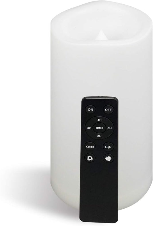 CANDLE CHOICE Outdoor Waterproof Battery Operated Flameless Candle Remote Timer　Large Tall White Plastic Bright Flickering Electric LED Pillar for Lantern Patio Wedding Party Decorations 4”(D) x8”(H)