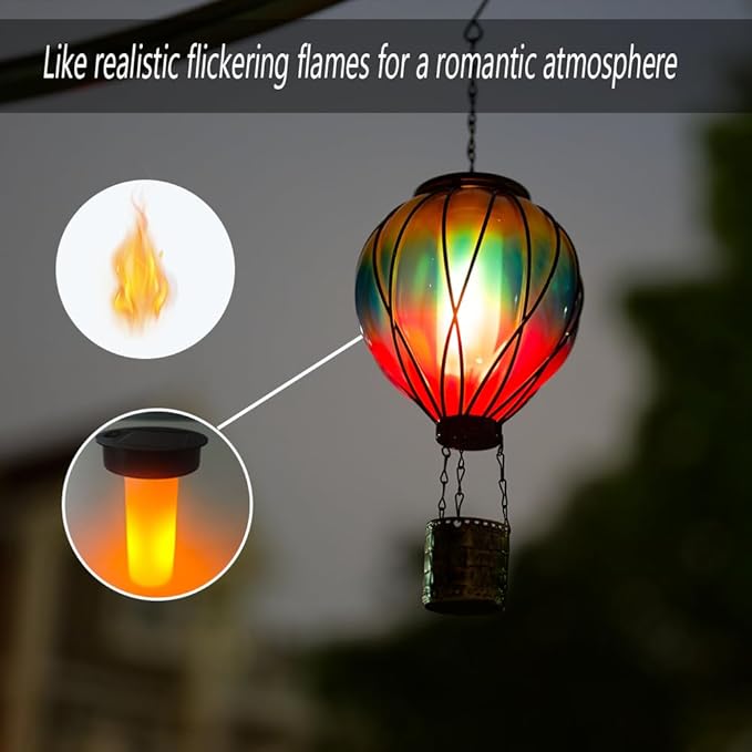 Gradient Color Solar Hot Air Balloon Outdoor Lantern with Flickering Flame Hanging Outdoor Lantern Waterproof Decorative Lantern Lamp for Patio, Garden, Porch