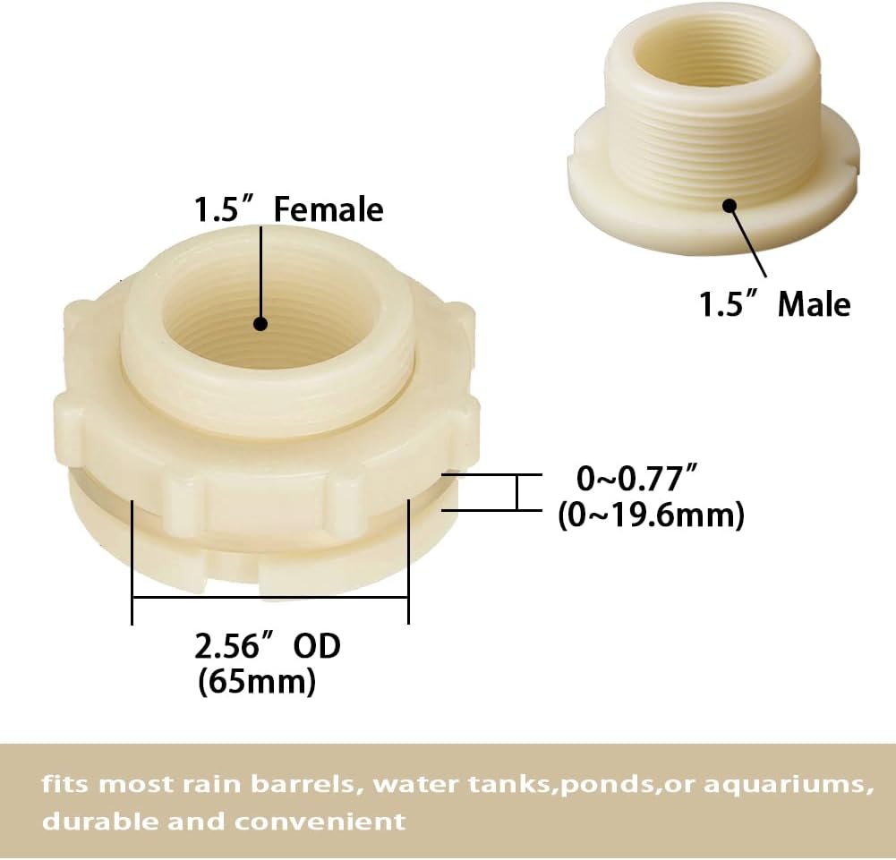 1.5" Female ABS Bulkhead Fitting, Plastic Water Tank Connector Adapter Fitting with Plugs for Outdoor rain Barrel Garden Hose Adapter Spigot kit Water Tank Gallon Drain Bucket(Set of 2)