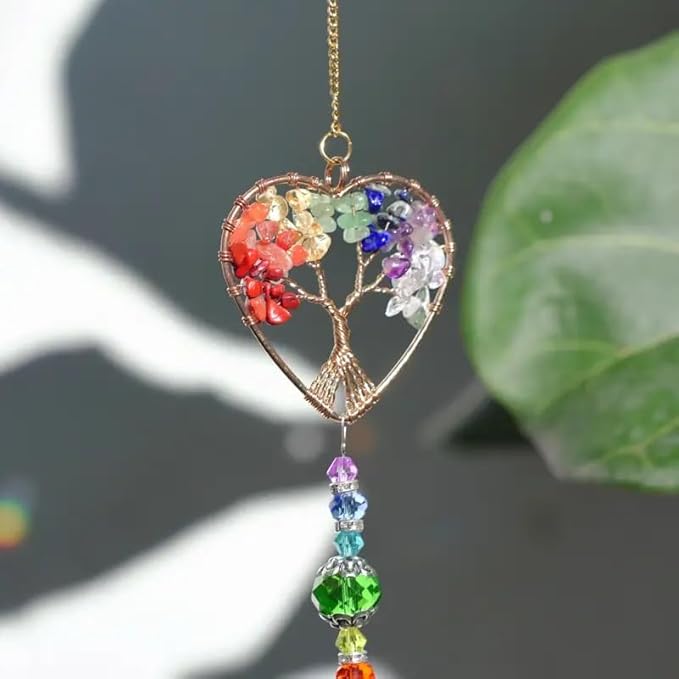 3pcs Tree of Life Chakra Crystal Suncatcher Windows Hanging Gloden Sun Catchers Decor with Prisms for Car, Feng Shui House Warming Gift for Home