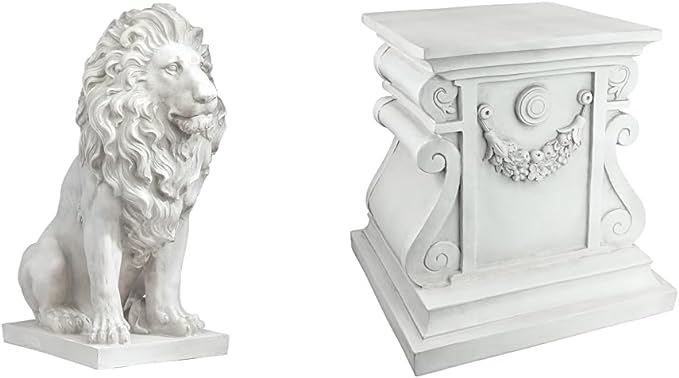 Design Toscano Lion of Florence Sentinel Statue (13 Inches Wide, 21 Inches Deep, 28 Inches High) and Classic Statuary Garden Plinth Base Riser, Large (15 Inches Wide,14 Inches Deep,15 Inches High)