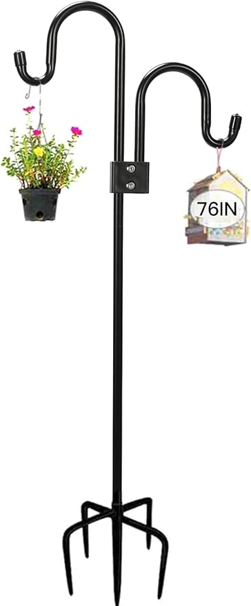 Double Shepherds Hooks For Outdoor 76 Inch, Heavy Duty Metal Bird Feeder Pole Stand With 5 Base Prongs, 28.5 To 76 Inch Adjustable Garden Holder For Hanging Plant, Wind Chimes, Wedding Garden Etc