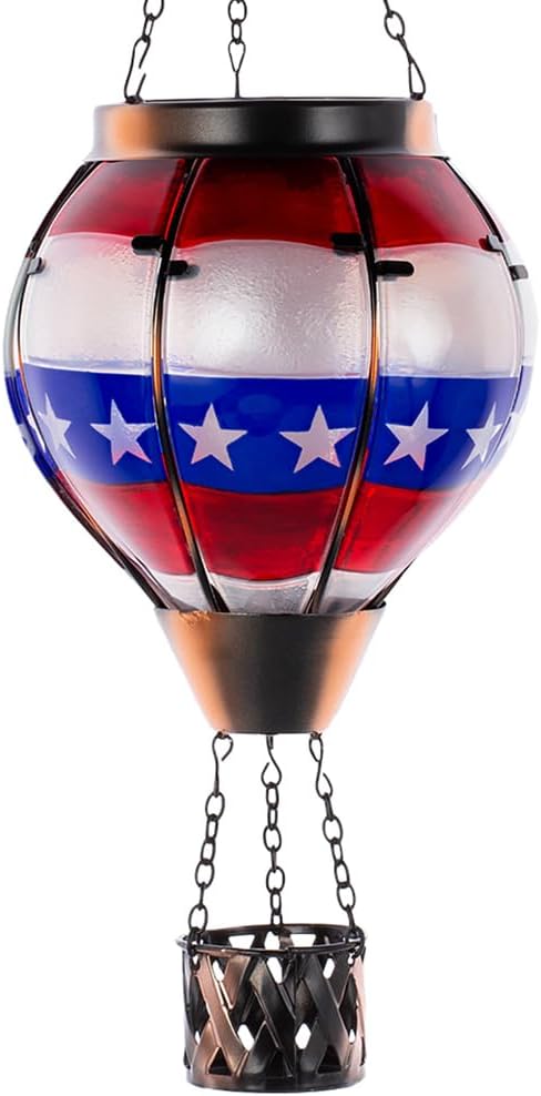 DREAMSOUL Flag Hot Air Balloon Solar Lantern, Glass Solar Lantern with Flickering Flame, Hanging Waterproof Solar Lanterns Outdoor Flag Day for Patio Decor, Fourth of July Decorations Christmas Gifts